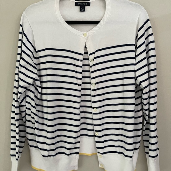 Lands End Striped Cotton Button Up Cardigan - Picture 3 of 5